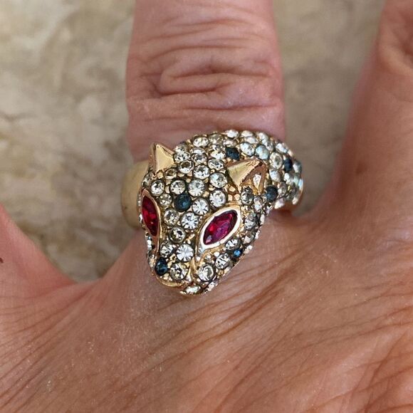 Gold Over Sterling Silver Panther & Crystals Statement Ring Vintage - Picture 1 of 11